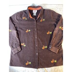 Quacker‎ Factory Shirt Women's Large Brown Corduroy Fall Leaves Embroidered